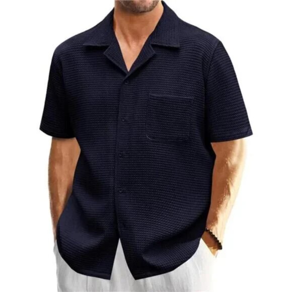 New Mens Waffle Button Down Shirt Navy Blue Cuban Short Sleeve Loose Fit Top - Picture 2 of 6